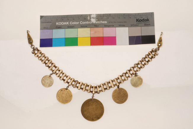 Doubloni, jointed, gold-plated pendant with a big Austrian coin and gilded coins
