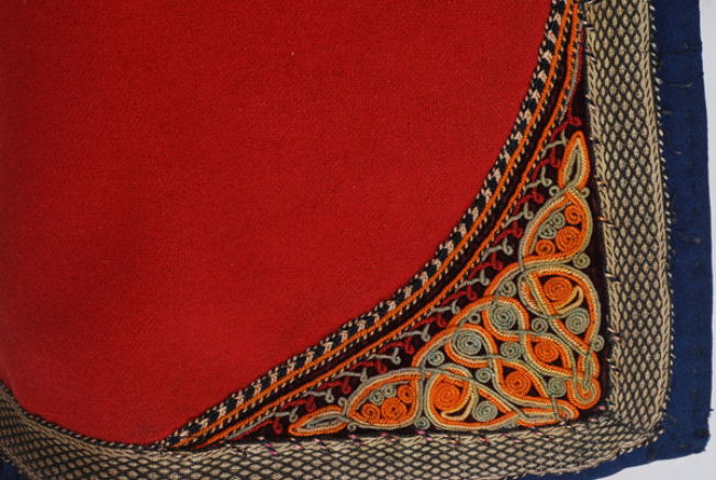 Embroidery at the inner corner with multicoloured techrilia (fine gold cords) applique on velvet