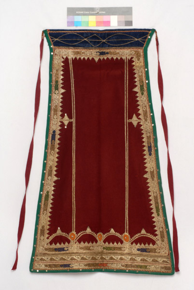 Karagounian apron made of crimson felt, embroidered with gold cordon and coloured outrades (silk braids)