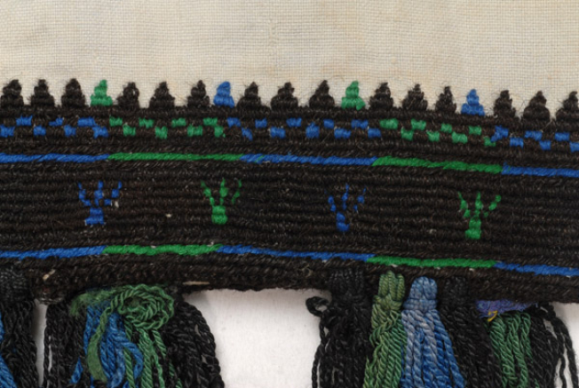 Hem of the sleeves, detail of the decoration with black woollenvitses with small coloured stylized motifs