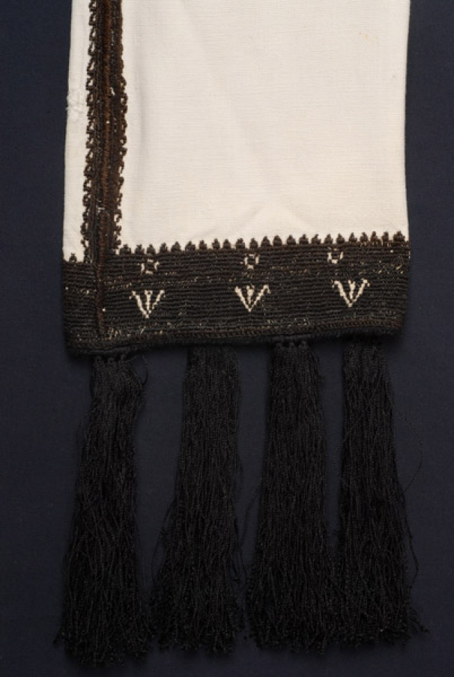 Sleeve, detail of the decoration with horizontal vitses and white stylized motifs