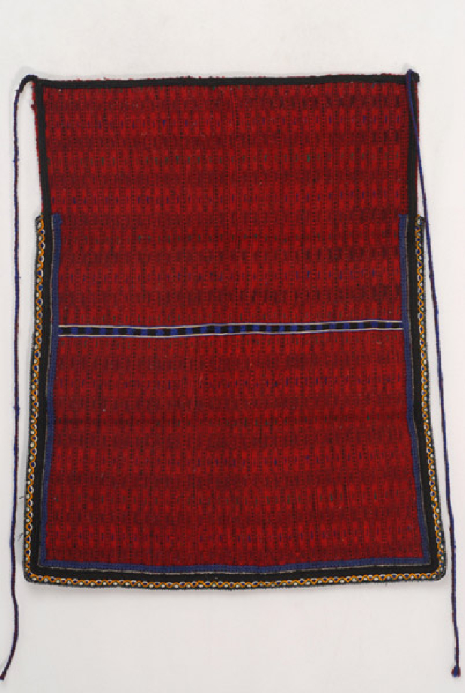 Woollen woven apron in crimson colour with horizontal embellished stripes