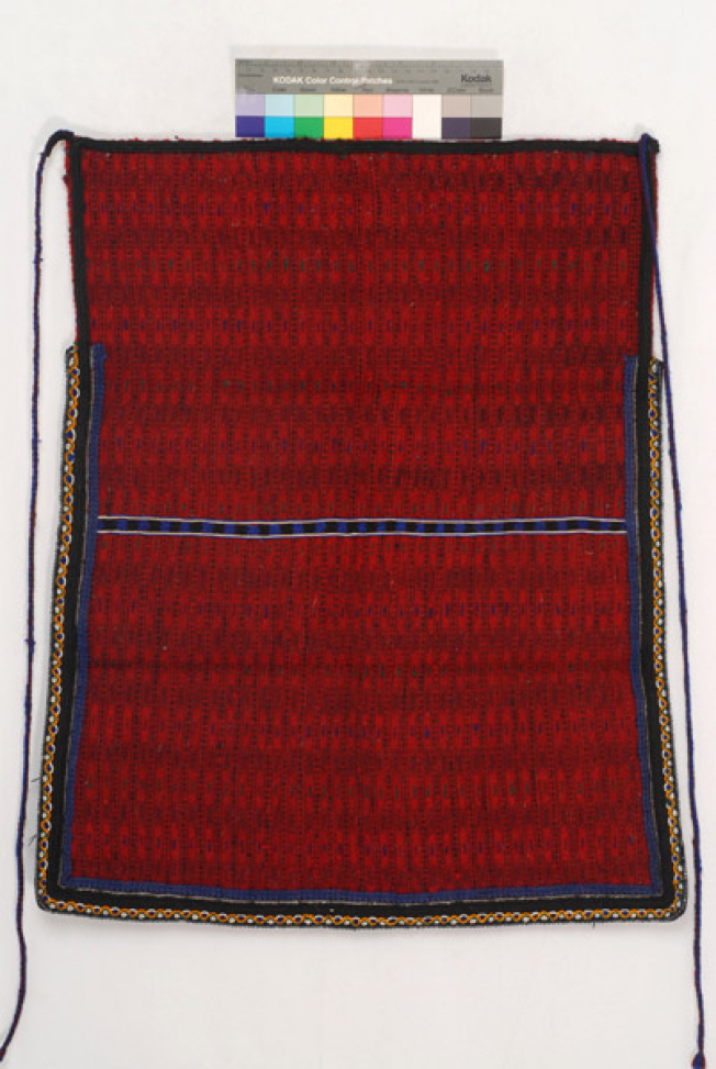 Woollen woven apron in crimson colour with horizontal embellished stripes