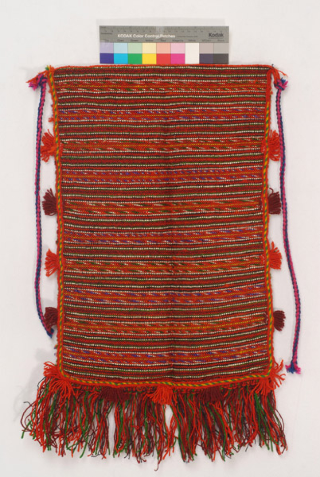 Woollen woven apron with embellished linear decoration