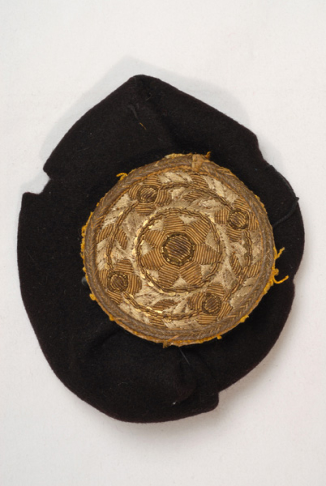 Small black felt tarbush with applique gold embroidery pete