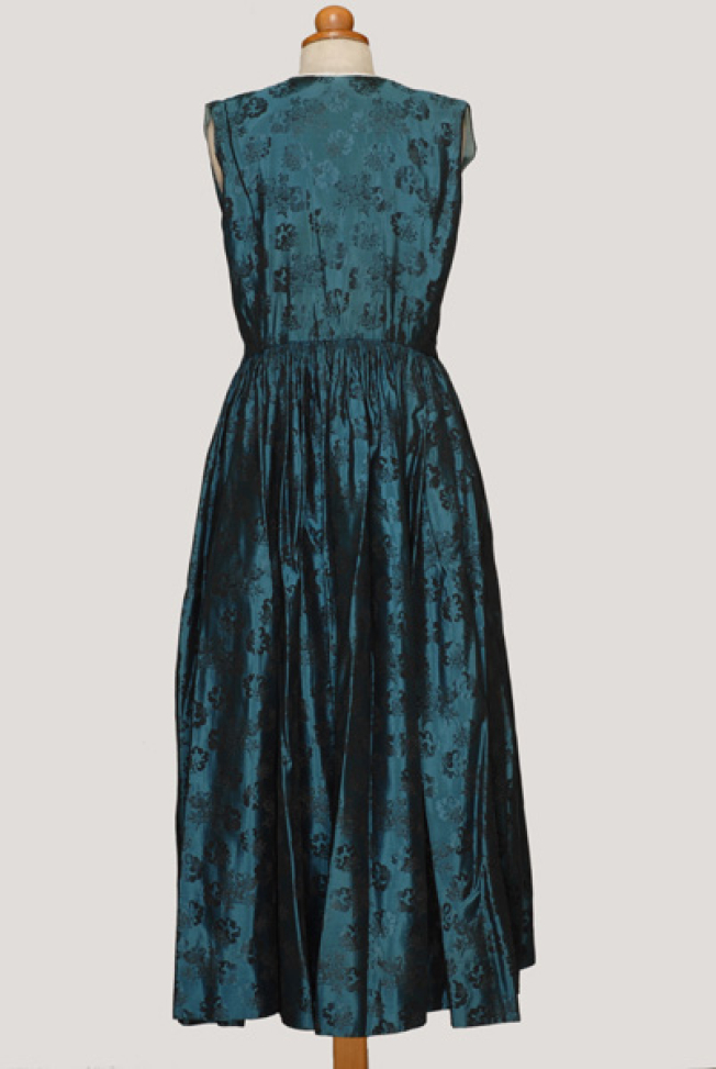 Amalia type foustani (dress) made of satin in peacock blue with embellished flower motifs, back