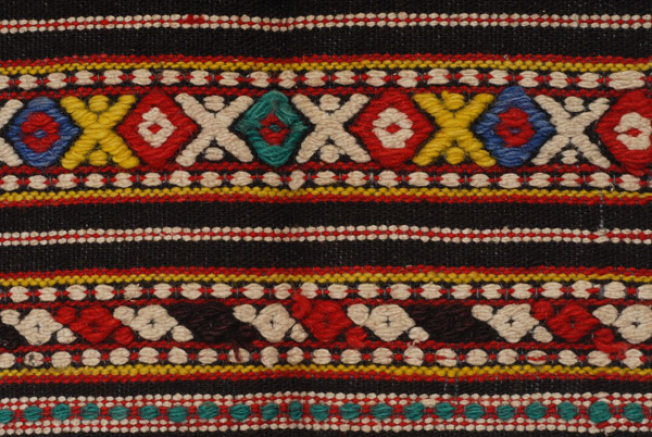 Detail of emroidered decoration, horizontal bands with stylized and geometric motifs 