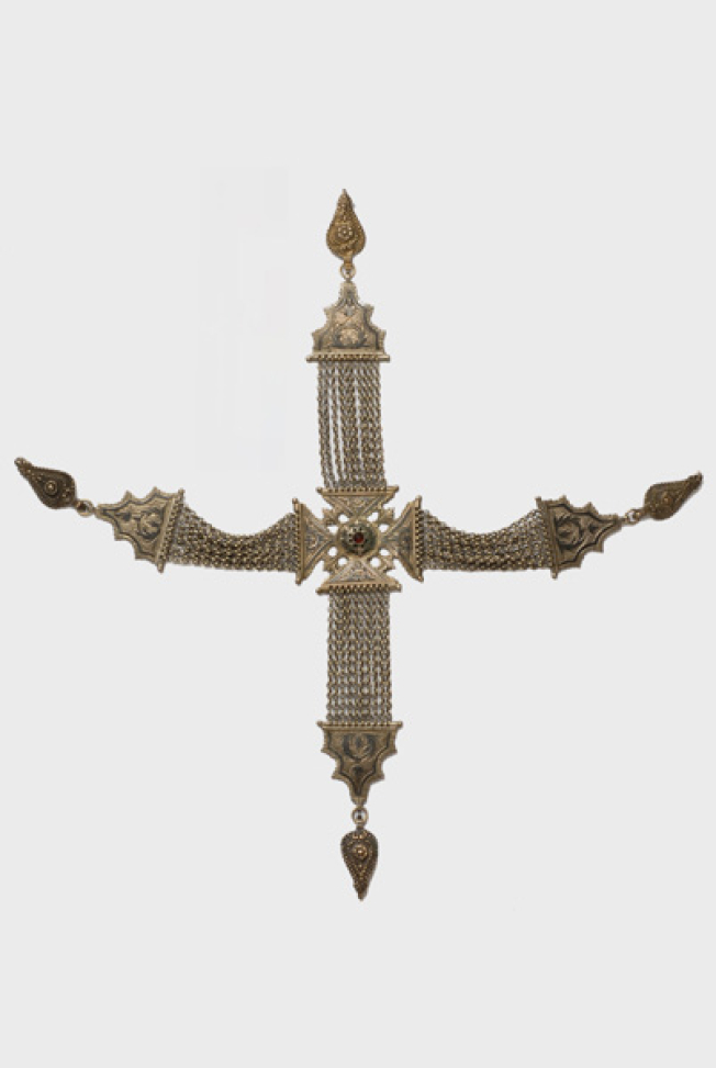 Crossed kiousteki, silver chained torso ornament crafted with the savati (enamel) technique 