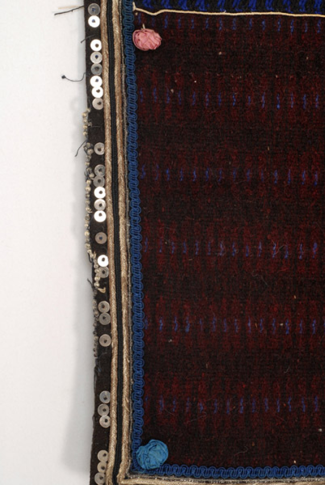 Selvages of the apron, detail of the applique decoration with rosettes in pink and blue colour, cordons, braid with curve-shaped motifs and felt bands with spangles and beads