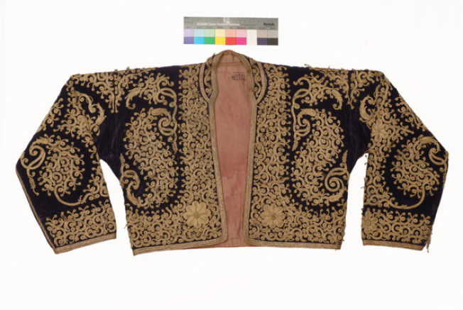 Velvet, sleeved jacket ornamented with terzidiko gold embroidery