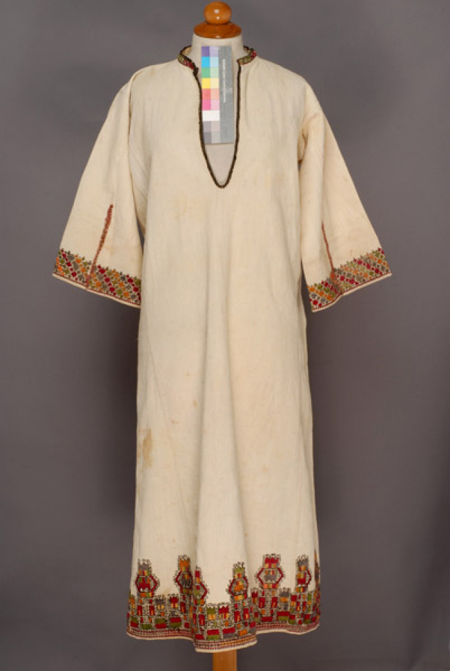 Νυφικό βαμβακερό υφαντό πουκάμισο κεντημένο με πολύχρωμα μετάξια