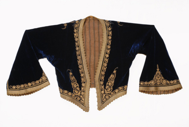 <i>Kondogouni</i>, velvet, sleeved jacket ornamented with terzidiko gold embroidery crafted with tir-tir (lustring)