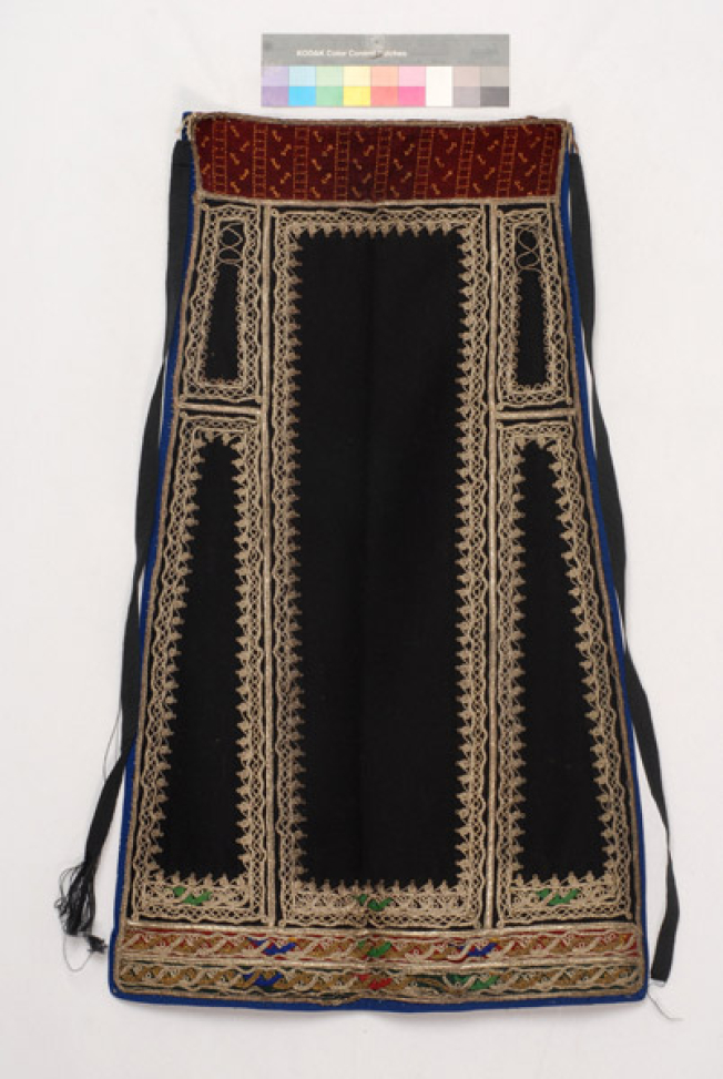 Karagounian apron made of black felt, embroidered with white and gold cordons along with a few outrades (silk braids) 