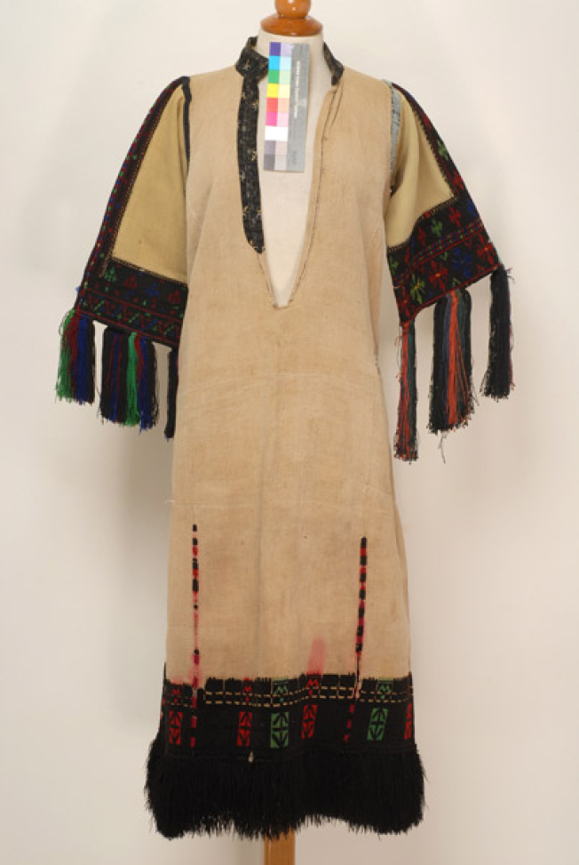 Linen bridal chemise embroidered with black and coloured silk outradhes