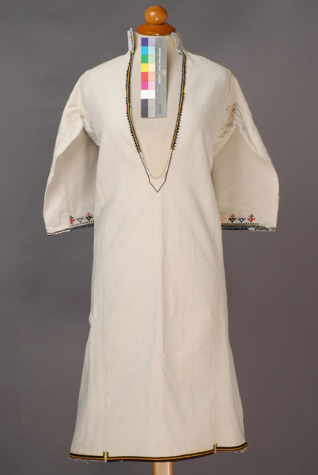 White cotton woven, embroidered with woollen and cotton coloured threads