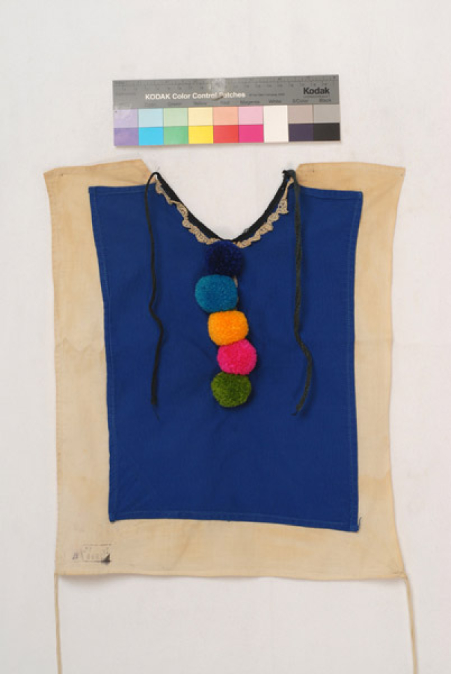 Plastron, pectoral accessory of women's costume from Alona, ornamented with coloured woollen small tassels (pon-pon)
