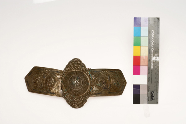 Asimozounaro, gold plated forged buckle with an embossed and engraved decoration, filled with black savati (enamel)