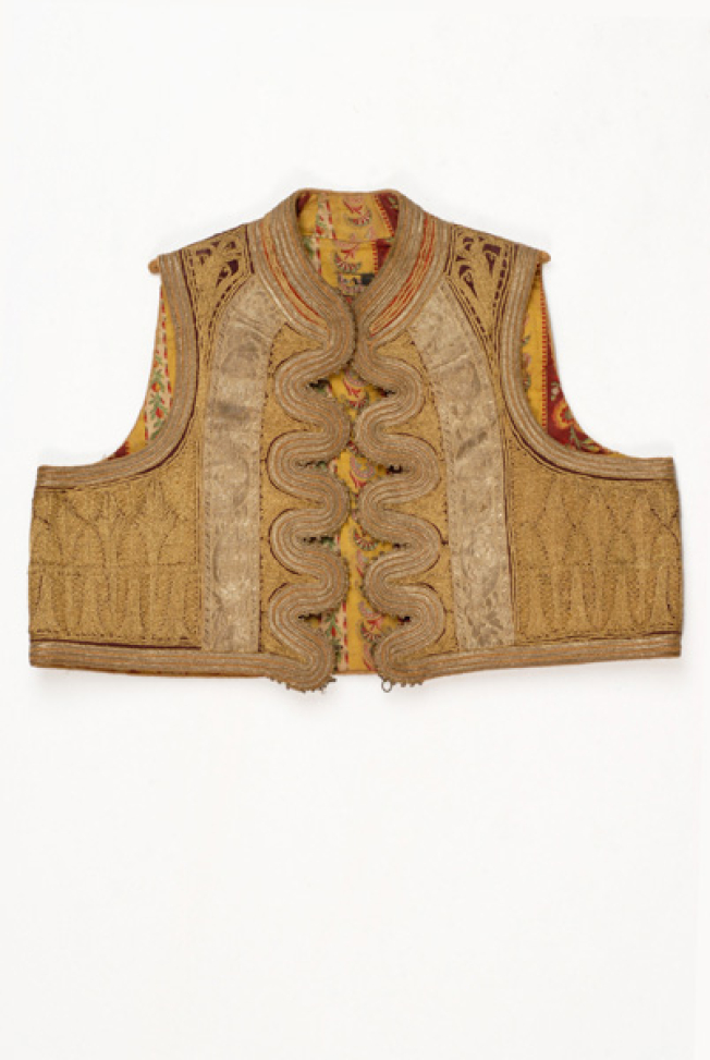 Sleeveless jacket ornamented with terzidiko gold embroidery and applique elements