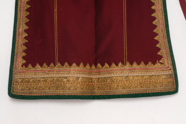 Posta (bottom part of the apron), detail of the decoration with the band-shaped motifs, sarakatsana and leafy scroll