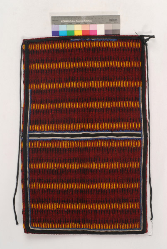 Woollen woven apron in crimson colour with embellished horizontal stripes in yellow and black colour
