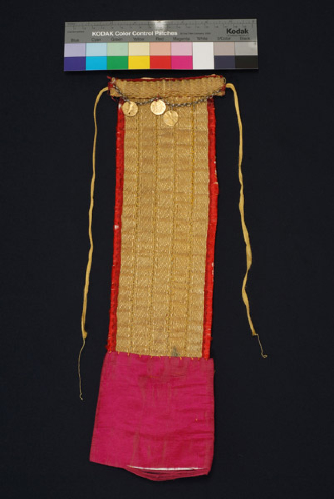 Plastron, pectoral ornament with gold chevrons and a chain with gilded coins
