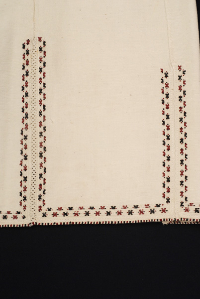 Border, detail of the lacy band of the seam and the embroidered decoration 