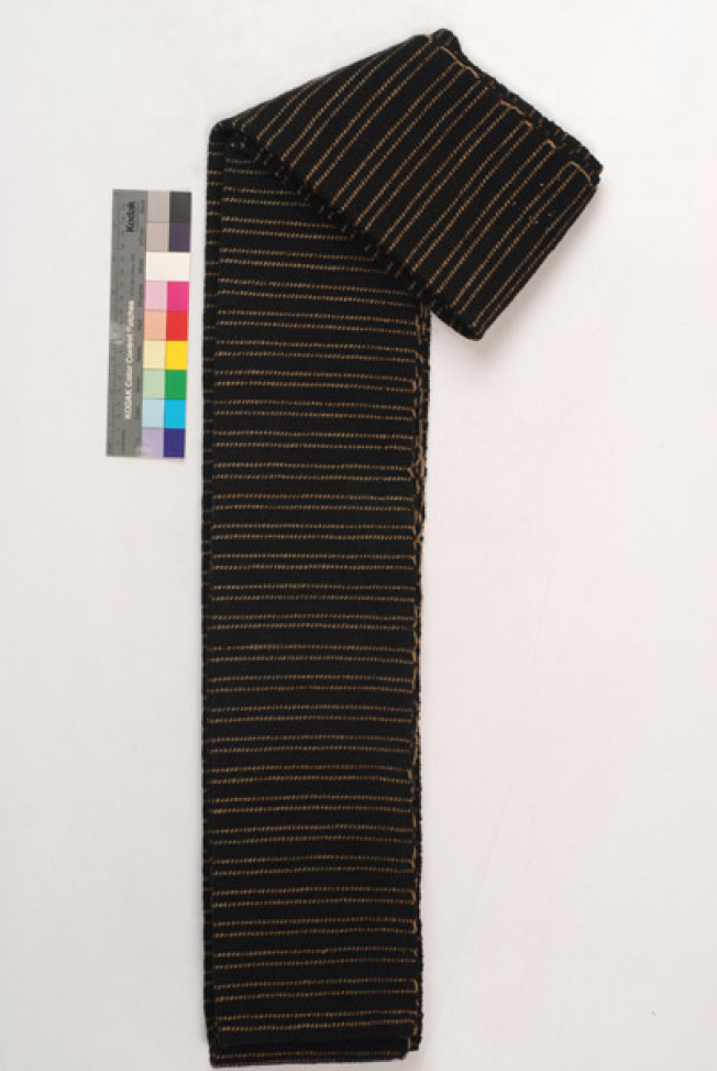 Very long black woollen woven sash with embellished thin stripes, folded lengthwise