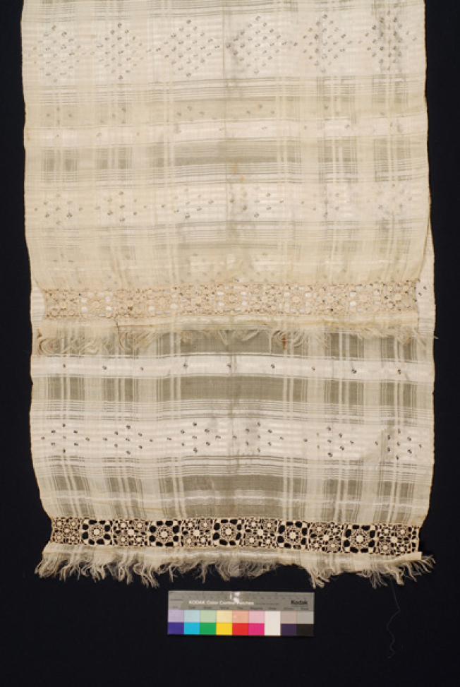 Pure silk, selvage-edged bolia with embellished stripes and perforated decoration