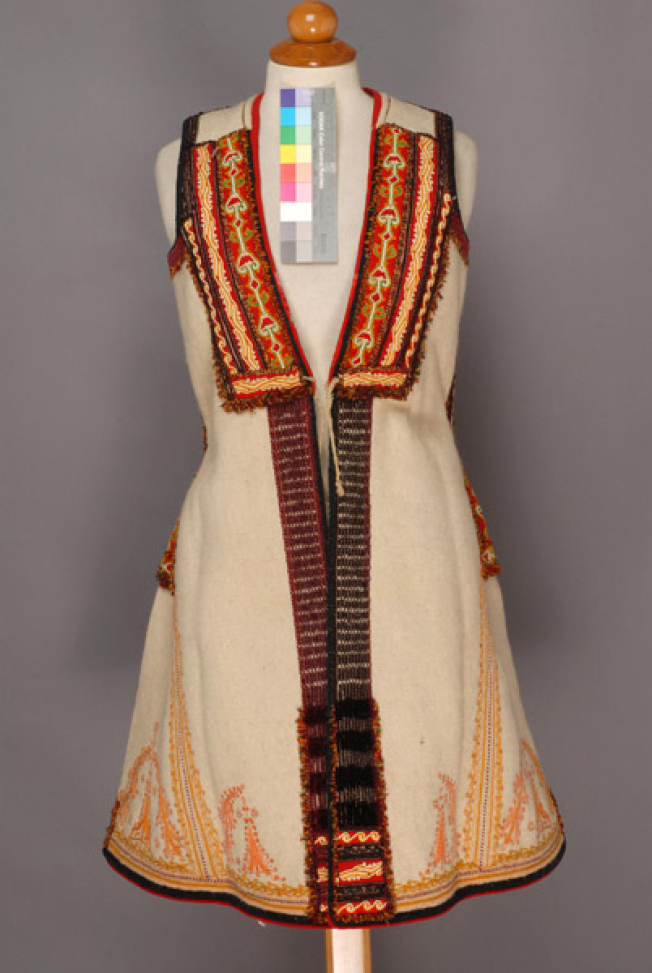 Bridal sigouni embroidered with brigthly coloured silk cords