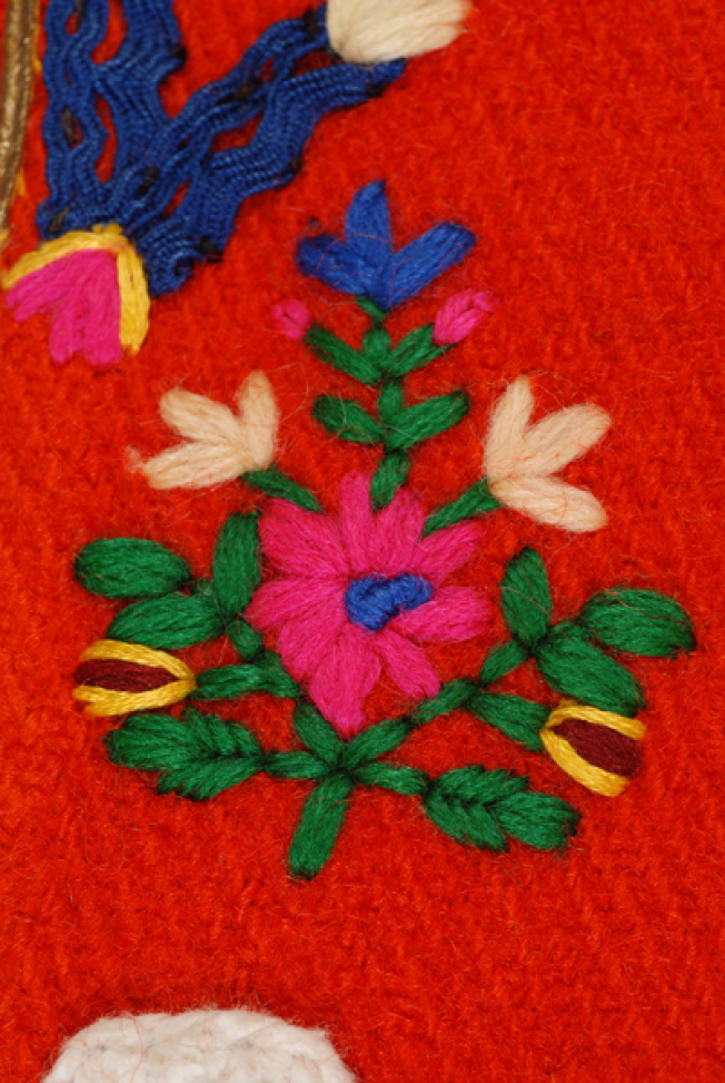 Detail of the decoration, dale, small leafy scroll, next to the back vertical seam. Applique fillet and gold cordon