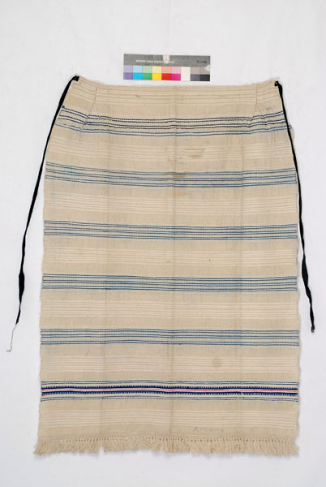 Striped wool apron for everyday use. Edge with fastening that ends in tassels