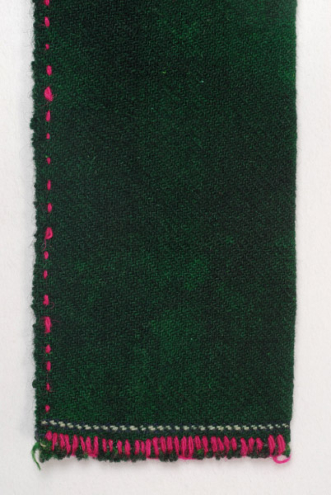 Fastening stitch, ountitsa, at the horizontal side and at the vertical side, decoration with coloured threads (detail)