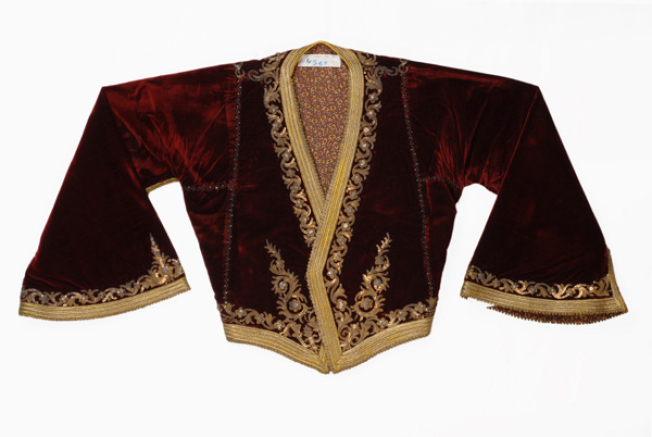 Kondogouni, velvet sleeved jacket ornamented with terzidiko gold embroidery crafted with tir-tir (lustring)