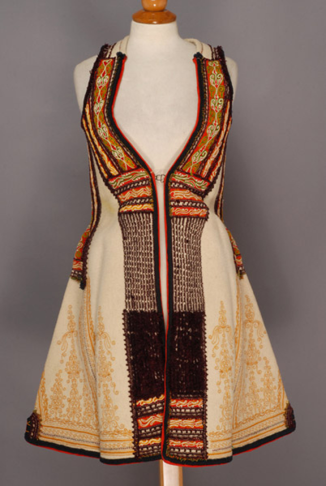 Bridal sigouni embroidered with brigthly coloured silk cords