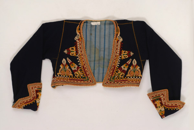Bridal felt makromaniko (long sleeve) jacket embroidered with multicoloured silk cordons
