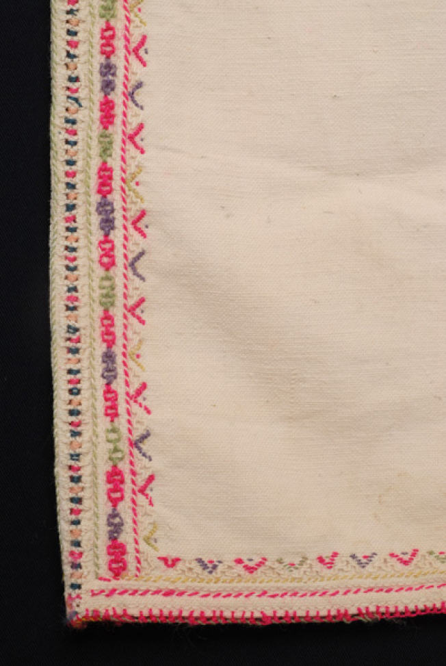 Sleeve, detail of the lacy band of the seam and embroidered decorative bands 