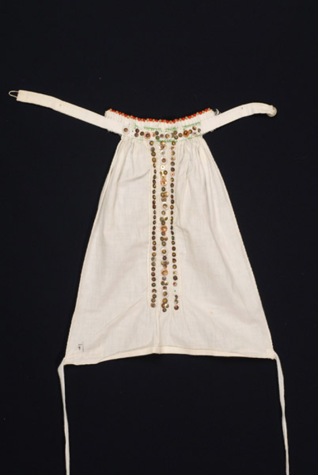 Plastron, pectoral accessory of women's outfit from Antartiko, decorated with spangles, colouful beads and plain buttons