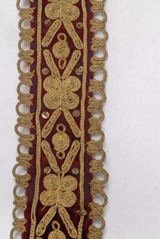 Detail of the gold embroidered decoration with tichrili, spangles, tir-tir (lustring) and a gold cord
