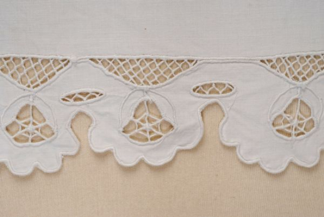 Detail of the border decoration with white open-work embroidery