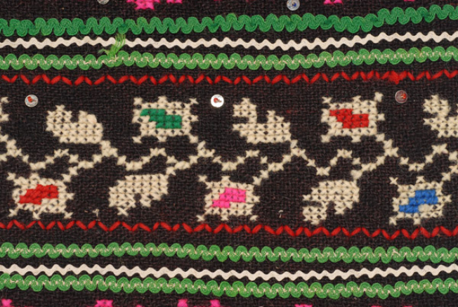 Detail of the decoration, horizontal embroidered band with spangles surrounded by applique braids