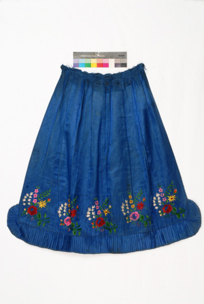 Satin apron in bright blue colour, embroidered with multicoloured silk threads 