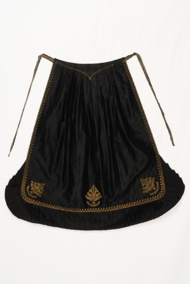 Black satin bridal apro with gold embroidery