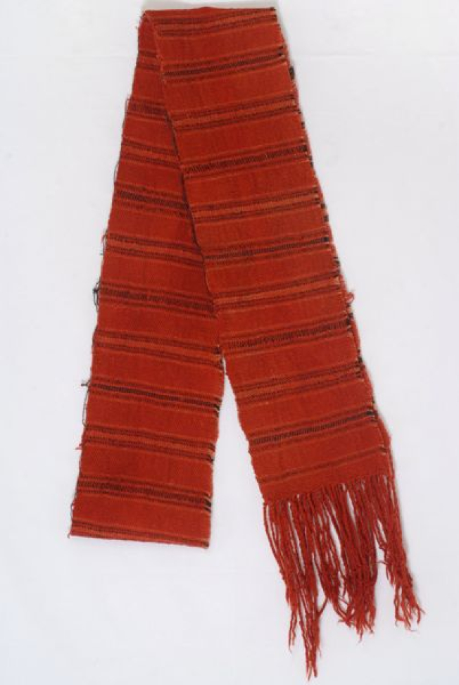 Orange, handwoven, wool sash with embellished two-coloured stripes (blue and brown)