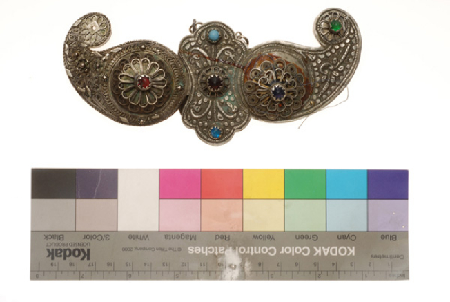 Silver forged buckle with wiry multi-leafed rosettes, coloured glass stones and turquoise 