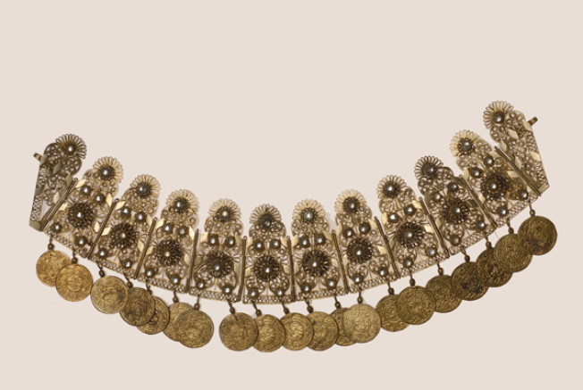 Gilt xelitsi, crafted filigree head ornament decorated with transparent glass stones and gilded coins