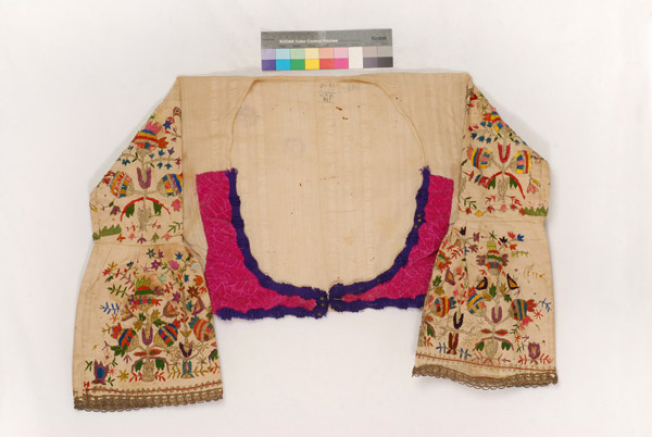 Bridal tzakos (sleeved jacket) embroidered with colourful silk and gold threads