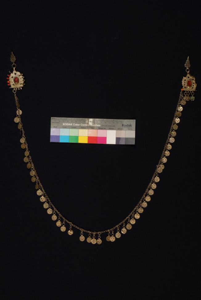 Paradenies me doulous, chained apron ornament with metal dentate sheets doulous (hooks), ornamented with agates and orange-red beads