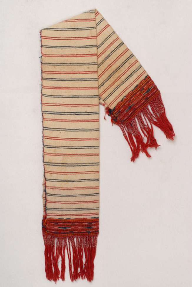 Karpa, white, cotton, handwoven towel, with embellished colourful designs at either end and fringed end