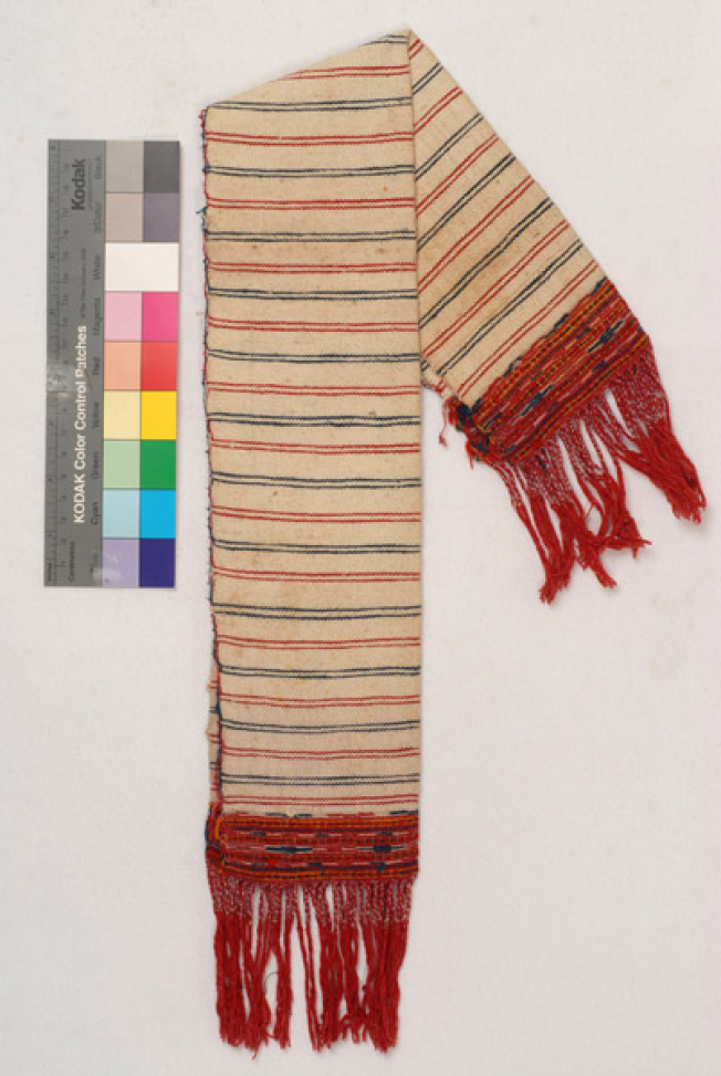 Karpa, white, cotton, handwoven towel, with embellished colourful designs at either end and fringed end