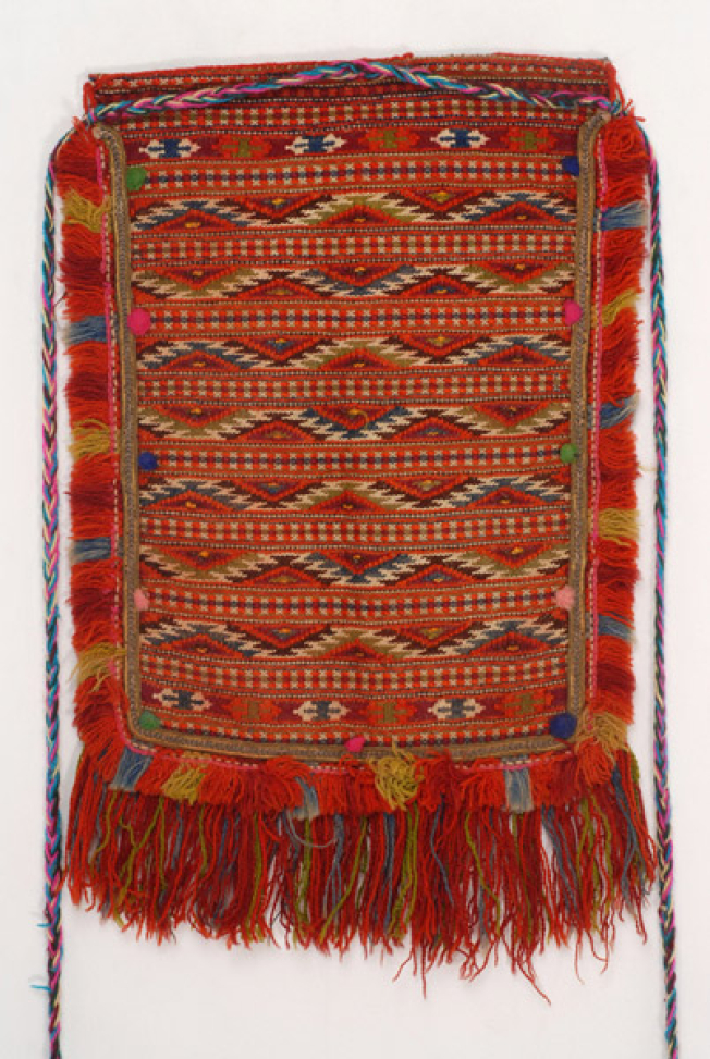 Woollen woven apron with embellished linear and lozenge shaped motifs